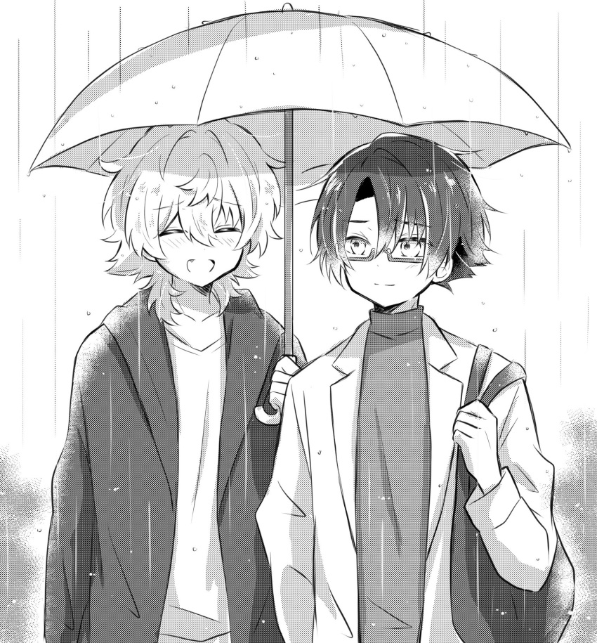 2boys, bag, blush, closed_eyes, closed_mouth, coat, facing_viewer, fang