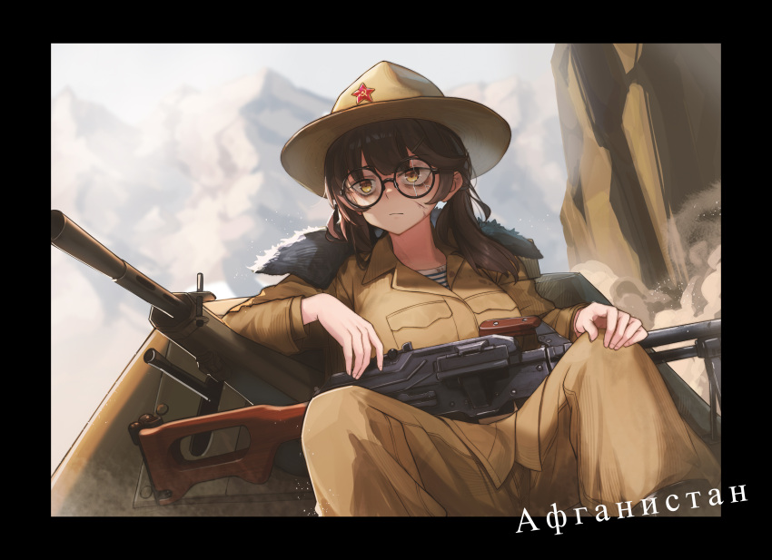 1girl, absurdres, black_border, border, broken_eyewear, brown_hair, empty_eyes, fur-trimmed_jacket