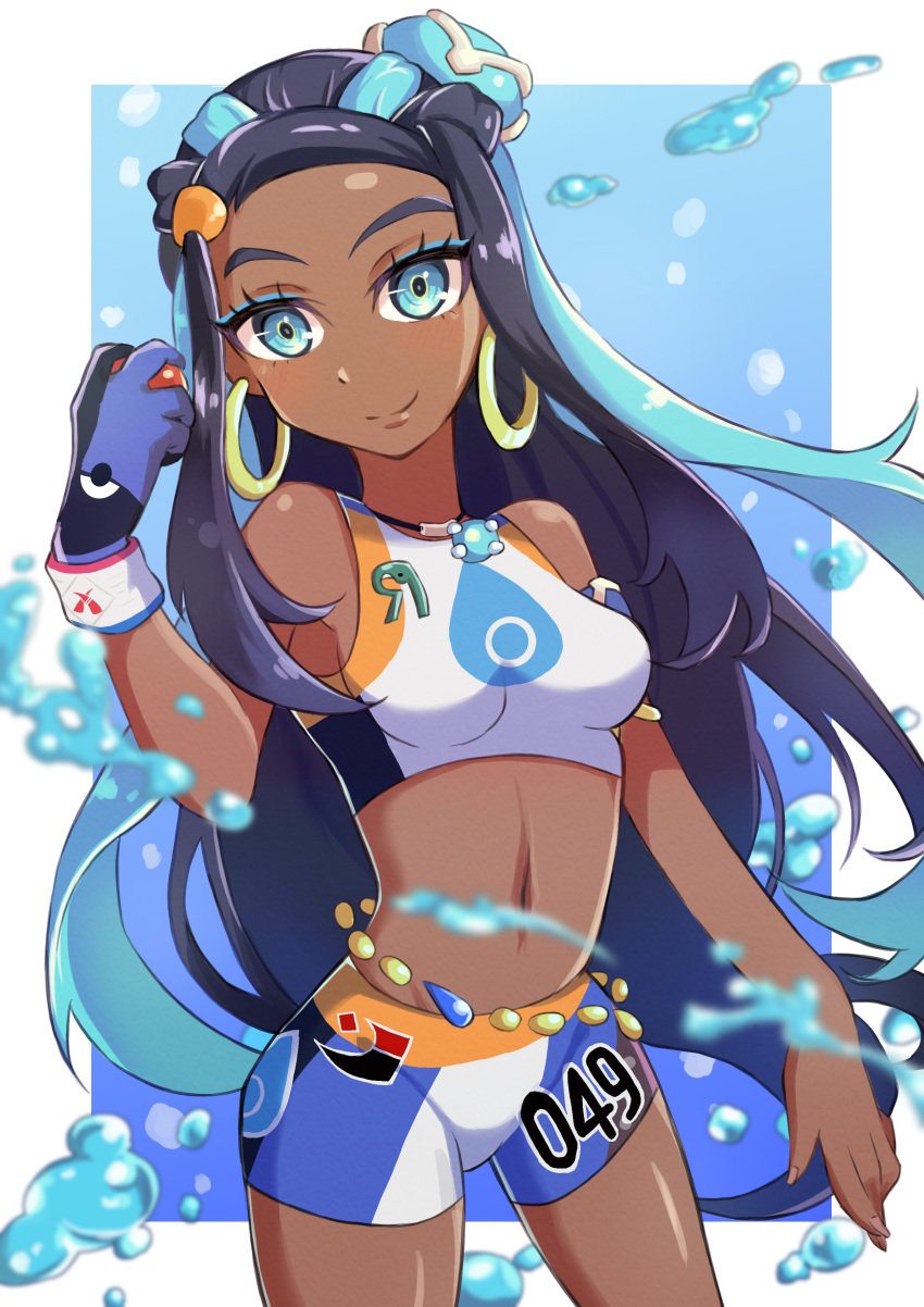 1girl, absurdres, armband, armlet, belly_chain, black_hair, blue_background, blue_eyes