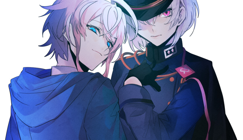 1boy, 1girl, amemura_ramuda, androgynous, aohitsugi_nemu, black_capelet, black_gloves, black_headwear