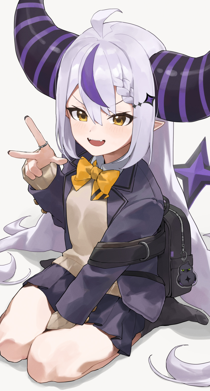 1girl, absurdres, ahoge, alternate_costume, black_horns, black_socks, bow, bowtie