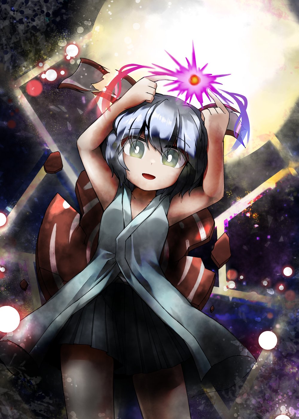 1other, androgynous, arms_up, black_hakama, bright_pupils, celeritas_lumen, commentary, cowboy_shot