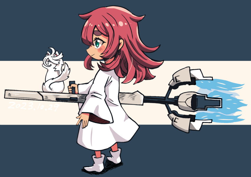 2girls, batchgooya, beam_cannon, blue_fire, blush_stickers, boots, cat, chibi, commentary, dress, exhaust, fire, from_side, gundam, gundam_calibarn, gundam_suisei_no_majo, hair_down, highres, holding, holding_cannon, holding_weapon, long_hair, miorine_rembran, multiple_girls, redhead, suletta_mercury, thick_eyebrows, thrusters, weapon, white_dress, white_footwear