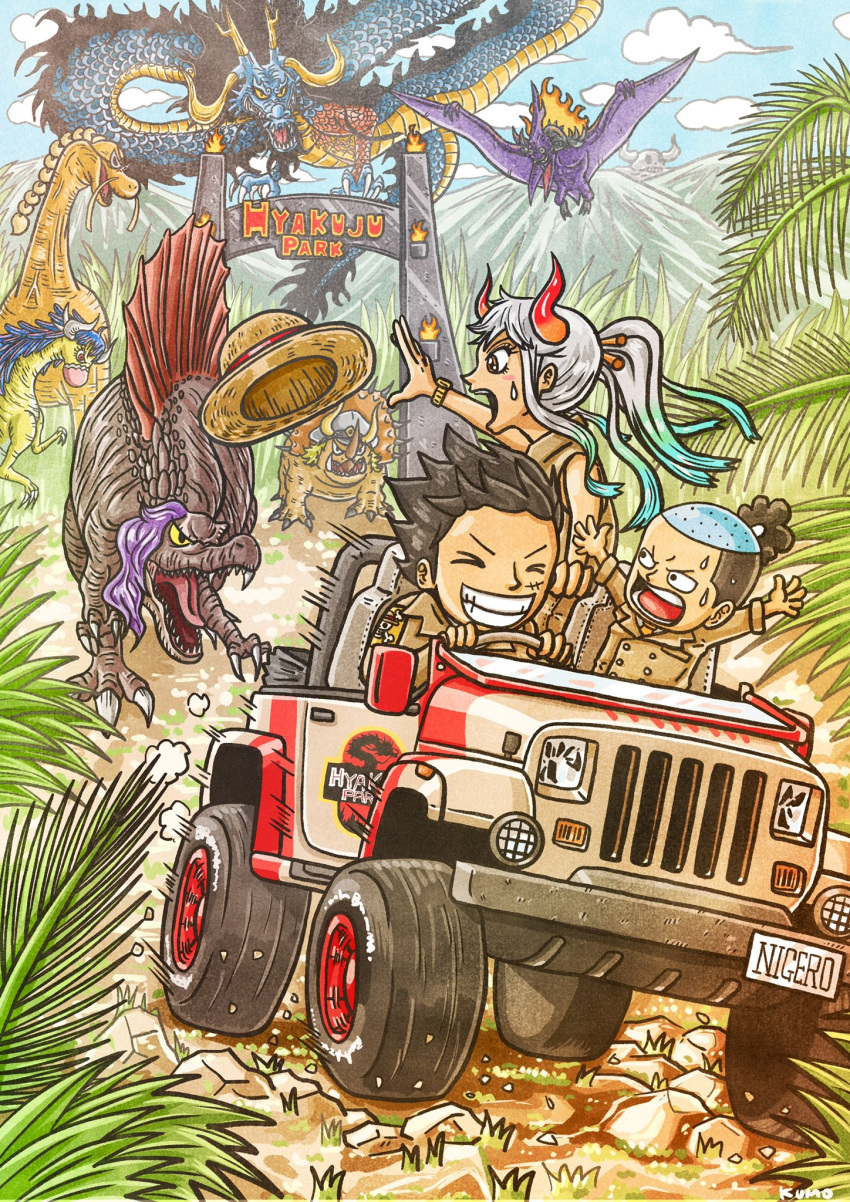 2girls, 6+boys, black_hair, brachiosaurus, brother_and_sister, car, closed_eyes, day