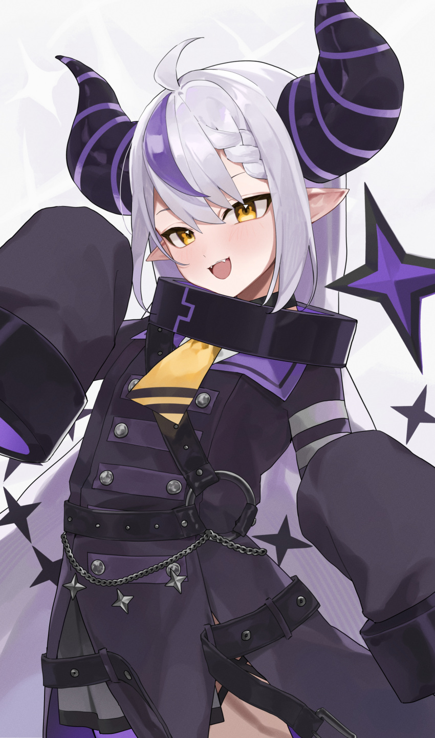 absurdres, ahoge, ascot, black_horns, braid, braided_bangs, collar, d4kou16, fangs, grey_hair, highres, hololive, horns, la+_darknesss, la+_darknesss_(1st_costume), metal_collar, multicolored_hair, o-ring, pointy_ears, purple_hair, sleeves_past_fingers, sleeves_past_wrists, streaked_hair, striped_horns, yellow_ascot, yellow_eyes
