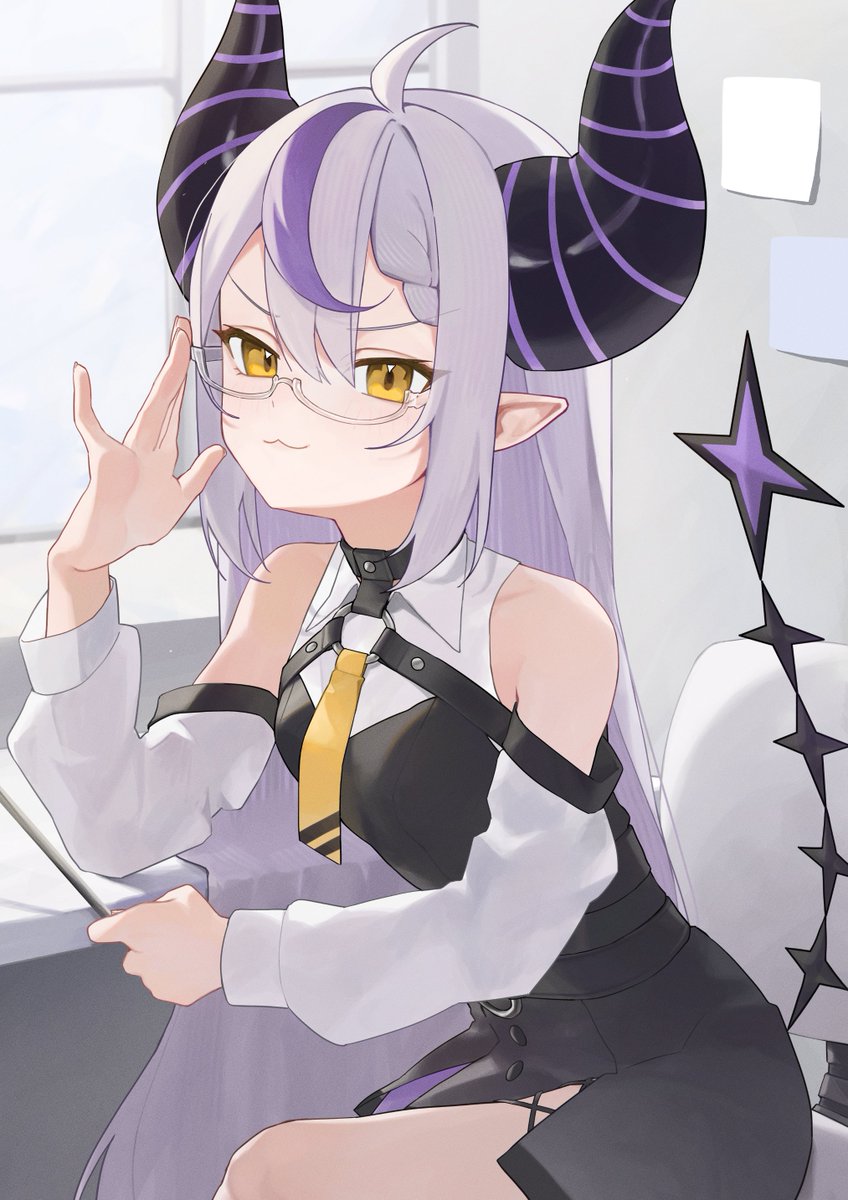 ahoge, ascot, bare_shoulders, black_horns, braid, braided_bangs, d4kou16, detached_sleeves, grey_hair, highres, hololive, horns, la+_darknesss, la+_darknesss_(1st_costume), multicolored_hair, pointy_ears, purple_hair, semi-rimless_eyewear, sitting, streaked_hair, striped_horns, virtual_youtuber, yellow_ascot, yellow_eyes