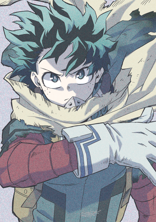 1boy, bodysuit, boku_no_hero_academia, closed_mouth, freckles, gloves, green_bodysuit, green_eyes, green_hair, looking_at_viewer, male_focus, midoriya_izuku, morishima_noriko_(noriko_mrsm), scarf, short_hair, solo, superhero, white_gloves, yellow_scarf