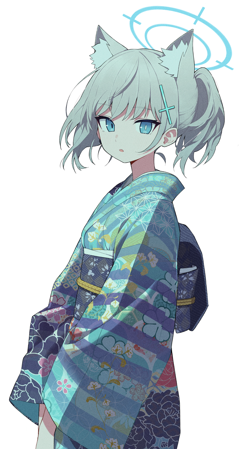 1girl, alternate_costume, animal_ears, asa_no_ha_(pattern), billbung, blue_archive, blue_eyes, blue_halo