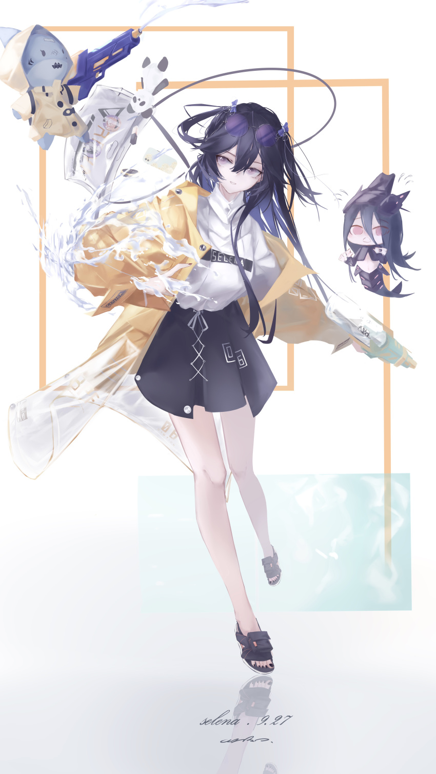 1other, 2girls, absurdres, alternate_costume, anko_(renzao19823), ayla:_brilliance_(punishing:_gray_raven), badge, bag, bare_legs, black_footwear, black_hair, black_nails, black_skirt, blue_bow, blue_hair, bow, button_badge, cellphone, character_badge, character_doll, character_name, chibi, chinese_commentary, coat, colored_inner_hair, commentary, cross-laced_clothes, cross-laced_skirt, dated, double-parted_bangs, earrings, eyewear_on_head, firing, full_body, hair_between_eyes, hair_bow, headgear, highres, holding, holding_water_gun, hood, hood_down, hood_up, hooded_coat, jewelry, lamia_(npc)_(punishing:_gray_raven), lamia_(punishing:_gray_raven), lemon_print, lipstick, long_bangs, long_hair, looking_at_another, looking_to_the_side, makeup, mechanical_tail, mermaid, monster_girl, multicolored_hair, multiple_girls, nail_polish, open_clothes, open_coat, phone, pink_eyes, punishing:_gray_raven, purple-tinted_eyewear, raincoat, reflection, round_eyewear, running, sandals, see-through, selena:_capriccio_(punishing:_gray_raven), selena_(punishing:_gray_raven), shark, shark-speare_(punishing:_gray_raven), shark_fin, shirt, shoulder_bag, signature, skirt, smartphone, splashing, stud_earrings, stuffed_animal, stuffed_panda, stuffed_toy, sunglasses, sweatdrop, tail, tinted_eyewear, transparent_bag, turtleneck_shirt, violet_eyes, water, water_gun, waving_arms, white_shirt, yellow_coat