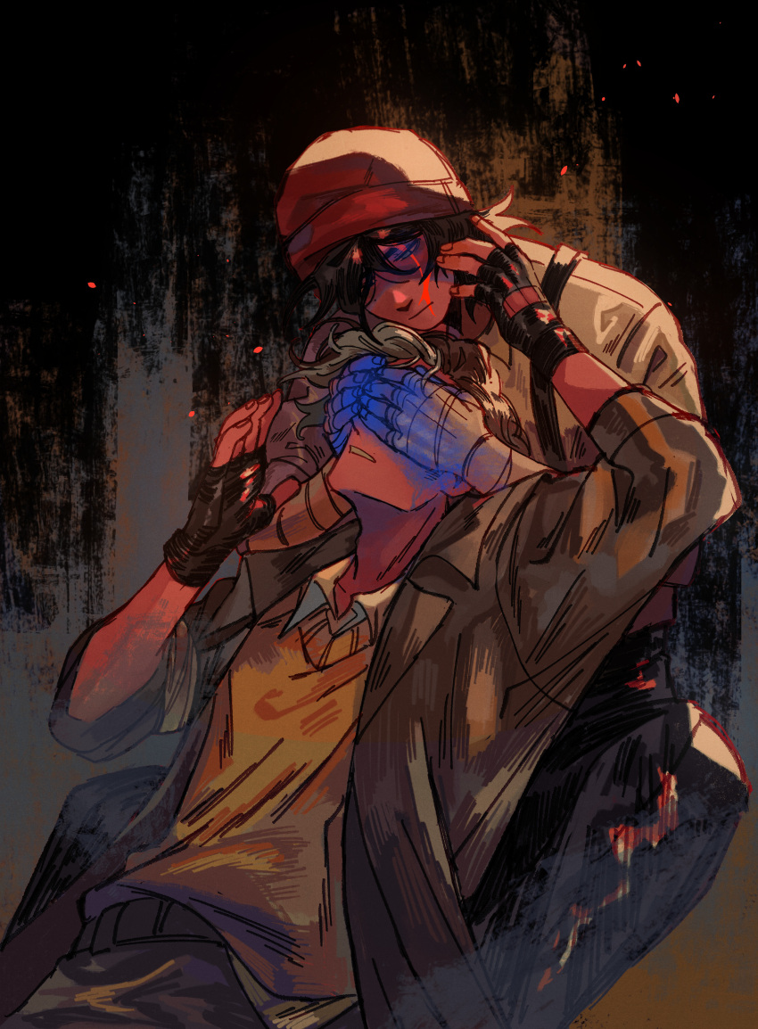 2boys, abstract_background, absurdres, bandaged_arm, bandages, black_hair, black_pants, blue_powder_on_hands