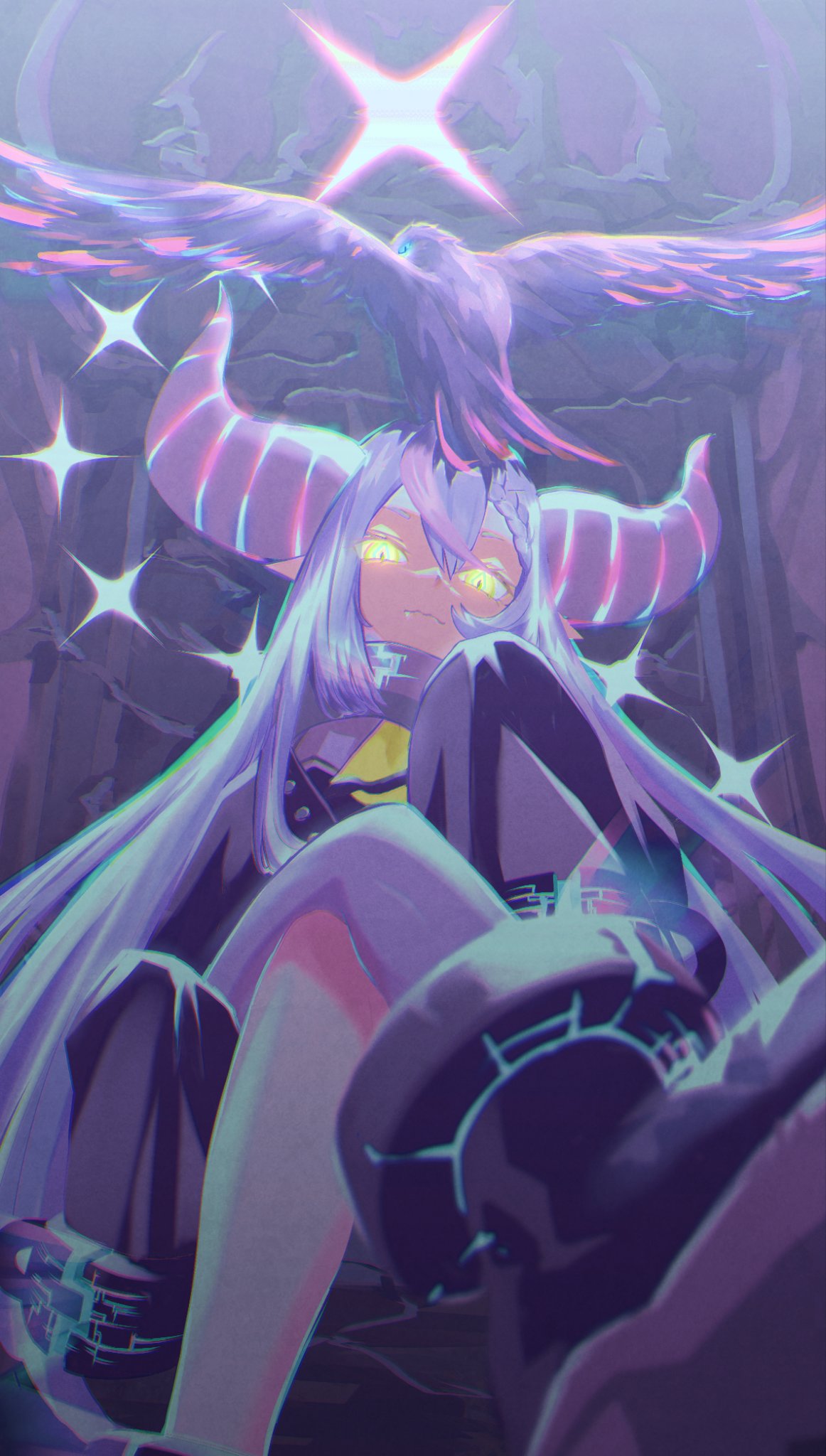 1girl, animal_on_head, ankle_cuffs, ascot, bird, bird_on_head, black_horns, braid, braided_bangs, crossed_legs, crow_(la+_darknesss), glowing, glowing_eyes, grey_hair, highres, hololive, horns, la+_darknesss, la+_darknesss_(1st_costume), mechaklear, multicolored_hair, on_head, pointy_ears, purple_hair, sitting, sleeves_past_fingers, sleeves_past_wrists, streaked_hair, striped_horns, yellow_eyes