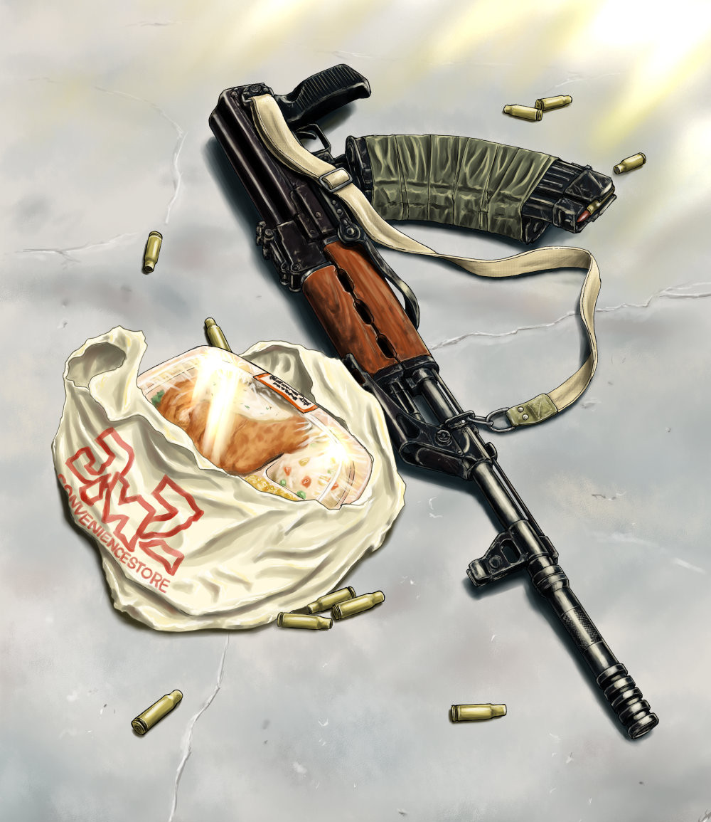 assault_rifle, bag, english_text, grocery_bag, gun, gun_sling, jungle_style, kalashnikov_rifle