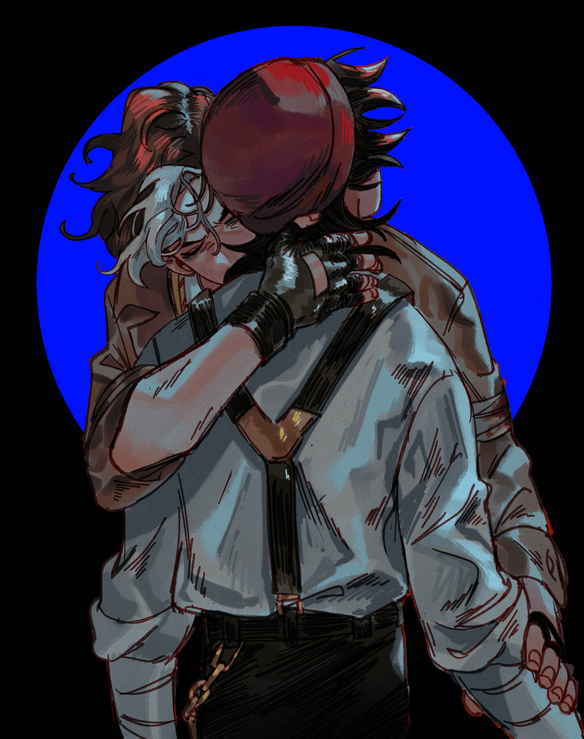 2boys, absurdres, bandaged_arm, bandages, black_hair, blue_background, brown_coat, brown_hair