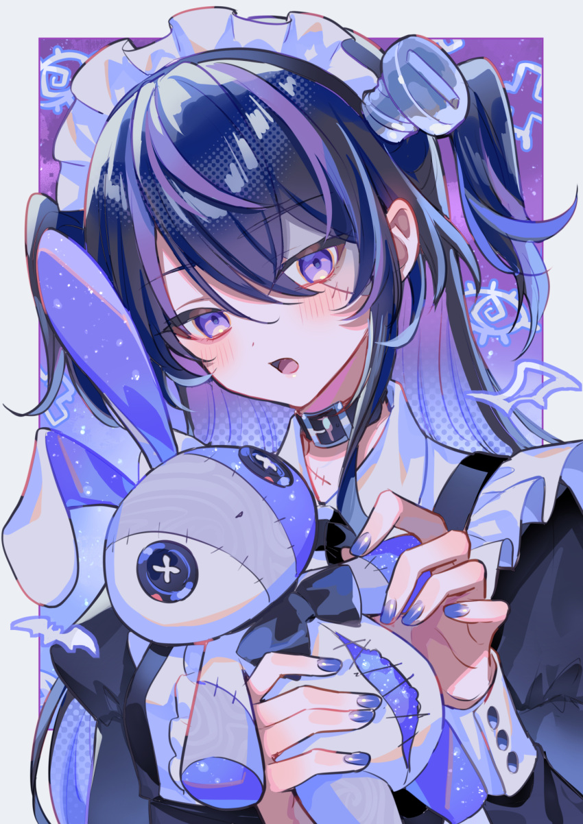 1girl, apron, black_collar, black_hair, blush, border, collar, colored_inner_hair, colored_skin, crude_stitches, frilled_apron, frills, hair_between_eyes, halloween, highres, holding, holding_stuffed_toy, juliet_sleeves, long_hair, long_sleeves, looking_at_viewer, maid_apron, maid_headdress, multicolored_hair, nail_polish, object_through_head, open_mouth, original, puffy_sleeves, purple_hair, purple_nails, screw_in_head, solo, stitches, streaked_hair, stuffed_animal, stuffed_toy, suzaku_(zaku6584), two_side_up, upper_body, violet_eyes, white_border