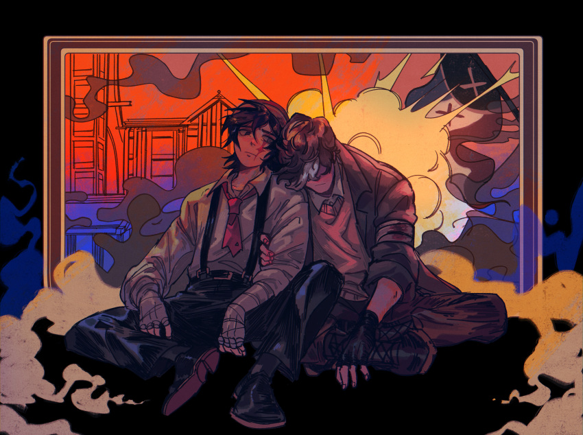 2boys, absurdres, bandaged_arm, bandages, black_eyes, black_footwear, black_hair, black_pants