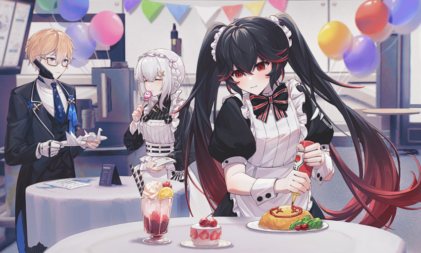 1boy, 2girls, apron, black_dress, black_hair, black_pants, blonde_hair, blue_necktie, bow, bowtie, broccoli, butler, candy, cherry_tomato, closed_eyes, closed_mouth, dress, food, food_writing, frilled_apron, frills, glasses, gradient_hair, grey_hair, hair_between_eyes, hair_ornament, highres, holding, holding_candy, holding_food, holding_lollipop, ice_cream_cup, ketchup_bottle, lee:_hyperreal_(punishing:_gray_raven), liv:_empyrea_(punishing:_gray_raven), lollipop, long_sleeves, lucia_(punishing:_gray_raven), maid_apron, maid_headdress, mechanical_hands, multicolored_hair, multiple_girls, neck_ribbon, necktie, omelet, omurice, origami, pants, paper_crane, punishing:_gray_raven, red_eyes, redhead, ribbon, shirt, short_hair, single_mechanical_hand, smoking, streaked_hair, striped, striped_ribbon, table, tomato, twintails, white_shirt, x_hair_ornament, zhou_huan_(dgpe2833)