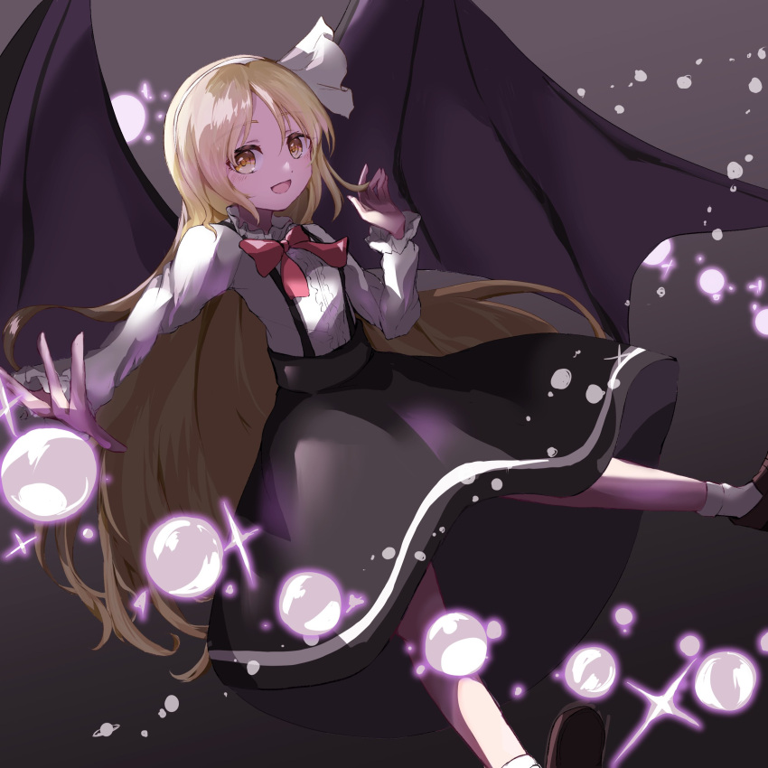 1girl, absurdres, bat_wings, black_skirt, blonde_hair, highres, kurumi_(touhou), long_hair, long_sleeves, open_mouth, rakuza_(ziware30), skirt, solo, suspender_skirt, suspenders, touhou, touhou_(pc-98), wings, yellow_eyes