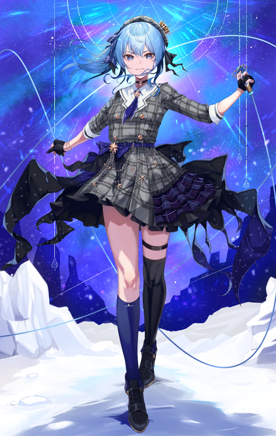 1girl, blue_choker, blue_hair, choker, crown, dress, gloves, grey_headwear