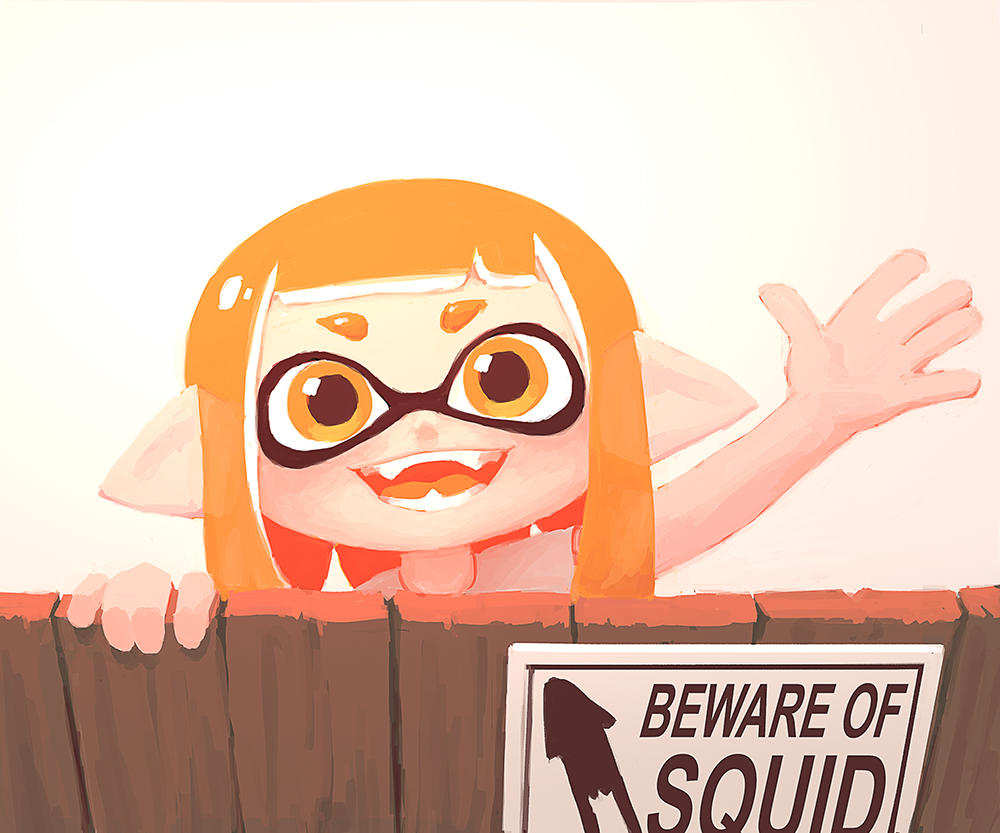 1girl, animal_humanoid, anthro, big_eyes, cephalopod, cephalopod_humanoid, fence, humanoid, inkling, inkling_girl, kaori_(splatoon), mask_(marking), nintendo, open_mouth, orange_eyes, orange_hair, pointy_ears, pseudo_hair, sign, smile, solo, splatoon, splatoon_(series), squid, tentacle, tentacle_hair, wafferscotch