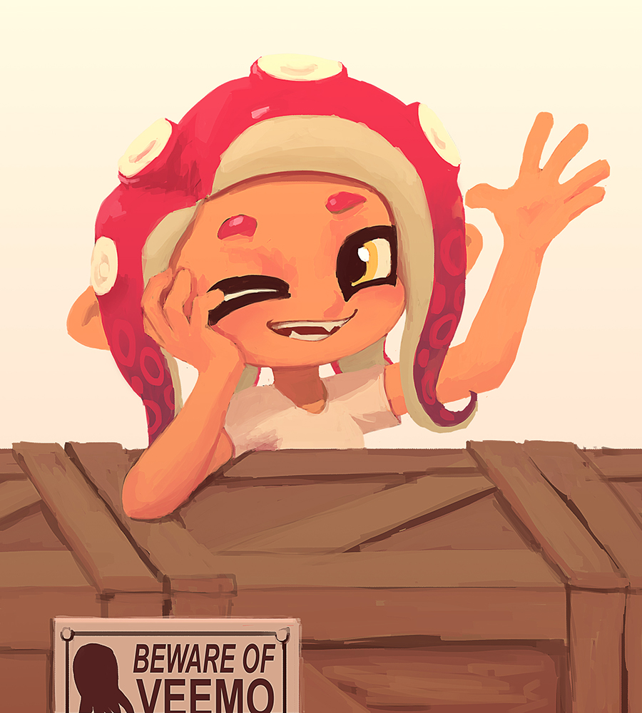 1girl, big_eyes, crate, hand_on_own_face, highfive, octoling, octopus, one_eye_closed