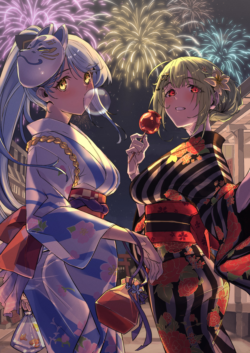 2girls, absurdres, blue_hair, blue_kimono, breasts, bubble_blowing, candy_apple, commentary