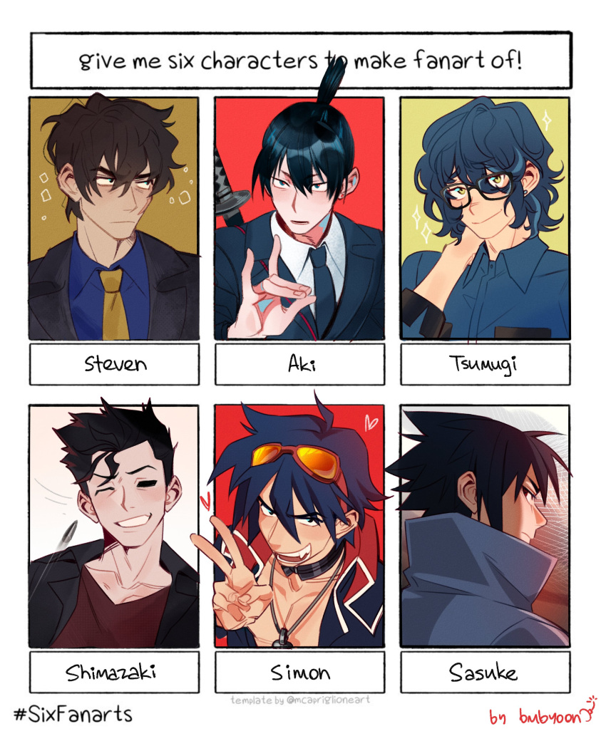 6+boys, absurdres, aoba_tsumugi, black_choker, black_eyes, black_hair, black_jacket, black_necktie, black_sclera, black_suit, blue_hair, bombyoon, chainsaw_man, character_name, character_request, choker, closed_mouth, collared_shirt, colored_sclera, copyright_request, crossover, earrings, english_text, ensemble_stars!, formal, fox_shadow_puppet, goggles, goggles_on_head, hair_between_eyes, hayakawa_aki, highres, jacket, jewelry, long_hair, long_sleeves, looking_at_viewer, male_focus, mature_male, mob_psycho_100, multiple_boys, multiple_crossover, multiple_drawing_challenge, naruto_(series), naruto_shippuuden, necklace, necktie, one_eye_closed, pale_skin, red_shirt, shimazaki_ryo, shirt, short_hair, simon_(ttgl), six_fanarts_challenge, smile, spiky_hair, stud_earrings, suit, tengen_toppa_gurren_lagann, topknot, trigun, trigun_stampede, uchiha_sasuke, v, wavy_hair, weapon, weapon_on_back, white_shirt, yellow_eyes