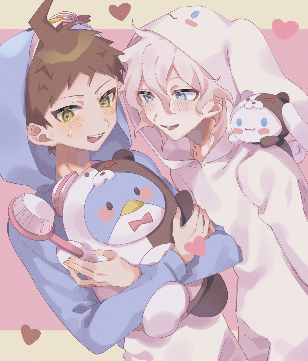 2boys, :d, ahoge, animal_costume, blush, blush_stickers, brown_eyes, cosplay, crossed_arms, danganronpa_(series), danganronpa_2:_goodbye_despair, doll, grey_eyes, hair_between_eyes, heart, hinata_hajime, holding, holding_brush, holding_doll, hugging_doll, hugging_object, komaeda_nagito, long_sleeves, looking_at_another, monokuma, monokuma_(cosplay), multiple_boys, oh_0409, onegai_my_melody, pink_background, rabbit_costume, sanrio, short_hair, smile, sweatdrop, teeth, upper_body, upper_teeth_only, yellow_background