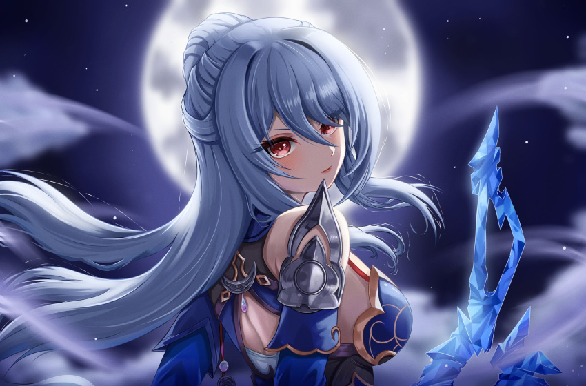 1girl, back, bare_shoulders, blurry, blurry_background, closed_mouth, expressionless, full_moon