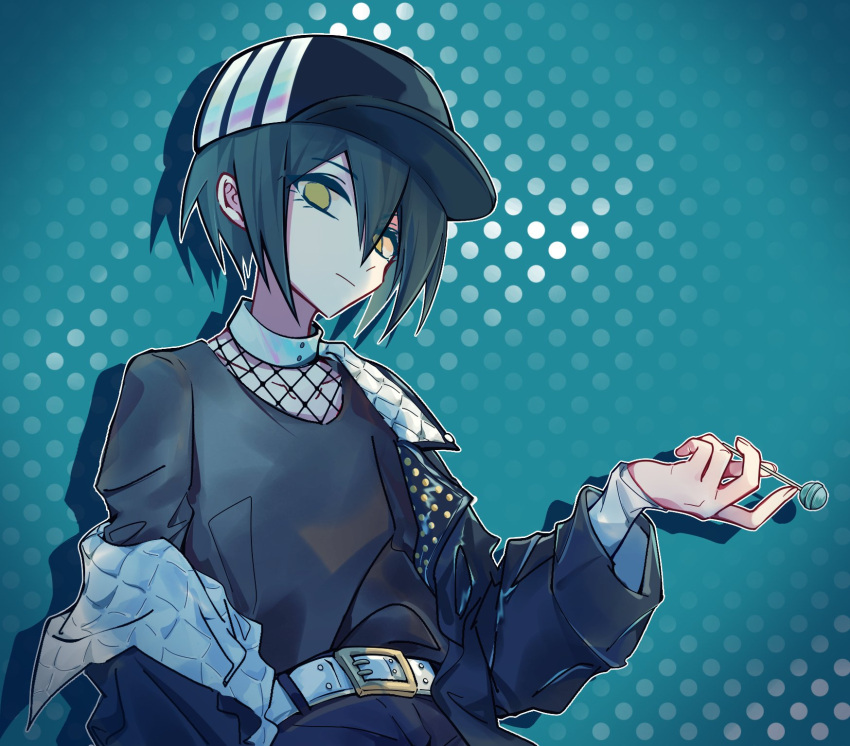 1boy, :/, belt, black_hair, black_headwear, black_jacket, black_pants, black_shirt, brown_eyes, candy, cowboy_shot, danganronpa_(series), danganronpa_v3:_killing_harmony, fishnet_top, fishnets, food, green_background, highres, holding, holding_candy, holding_food, holding_lollipop, jacket, lollipop, male_focus, off_shoulder, open_clothes, open_jacket, pants, polka_dot, polka_dot_background, saihara_shuichi, shirt, short_hair, solo, white_belt, white_headwear, xia_nu_xiao_fang