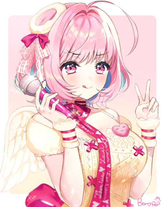 1girl, :p, ahoge, angel_wings, aqua_hair, artist_name, berrypop, blush