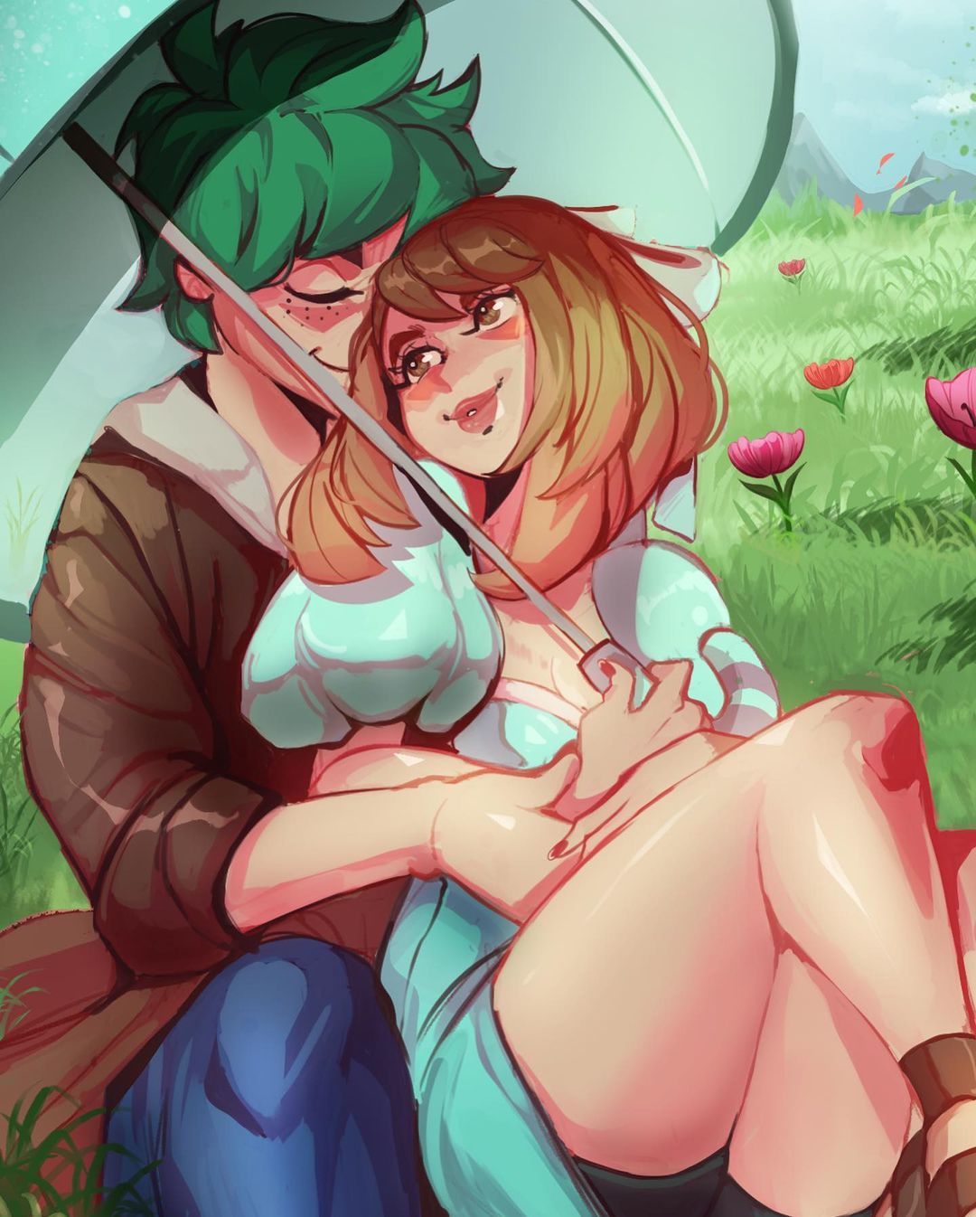 1boy, 1girl, blue_dress, blush, boku_no_hero_academia, brown_eyes, brown_hair, brown_jacket, comforting, couple, dress, flower, green_eyes, green_hair, grover_underwood, hetero, highres, hug, hug_from_behind, imaniiarts, jacket, looking_at_another, midoriya_izuku, pink_flower, pink_lips, red_flower, short_hair, smile, umbrella, uraraka_ochako