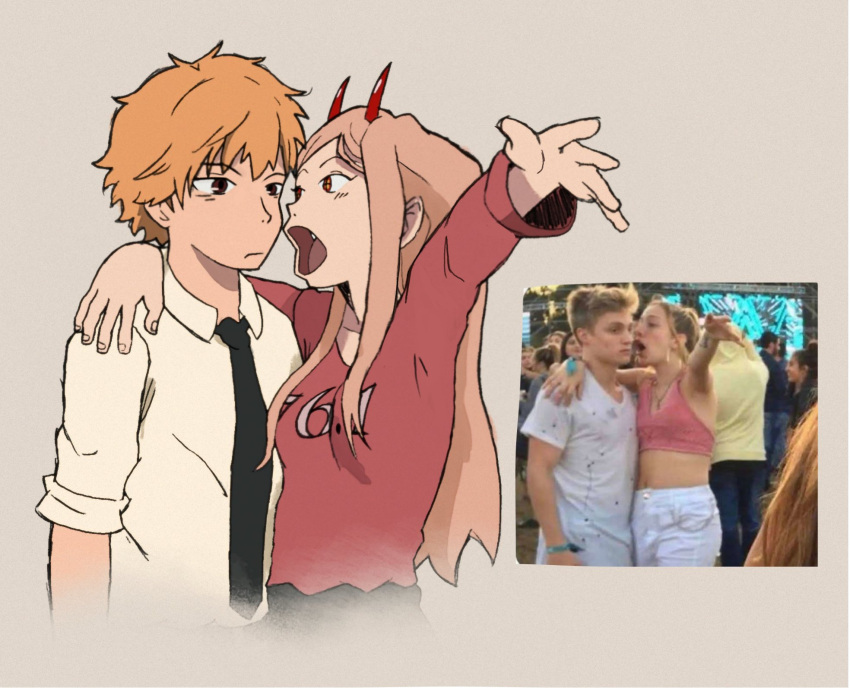 1boy, 1girl, arm_around_shoulder, black_necktie, breasts, brown_hair, chainsaw_man, chimeraenvy, comedy, commentary, denji_(chainsaw_man), fang, frown, girl_explaining_(meme), highres, horns, meme, necktie, open_mouth, orange_hair, photo-referenced, photo_inset, power_(chainsaw_man), red_horns, reference_inset, small_breasts