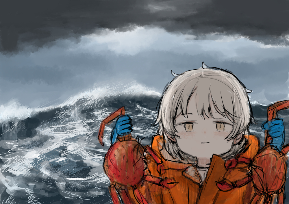 1girl, alternate_costume, animal, asasow, blue_gloves, coat, commentary_request, crab, deadliest_catch, expressionless, gloves, grey_hair, hands_up, hatoba_tsugu, holding, holding_animal, hood, hood_down, hooded_coat, long_sleeves, looking_at_viewer, ocean, orange_coat, outdoors, overcast, parka, parted_lips, short_hair, sky, solo, tsugu_(vtuber), upper_body, virtual_youtuber, waves, yellow_eyes