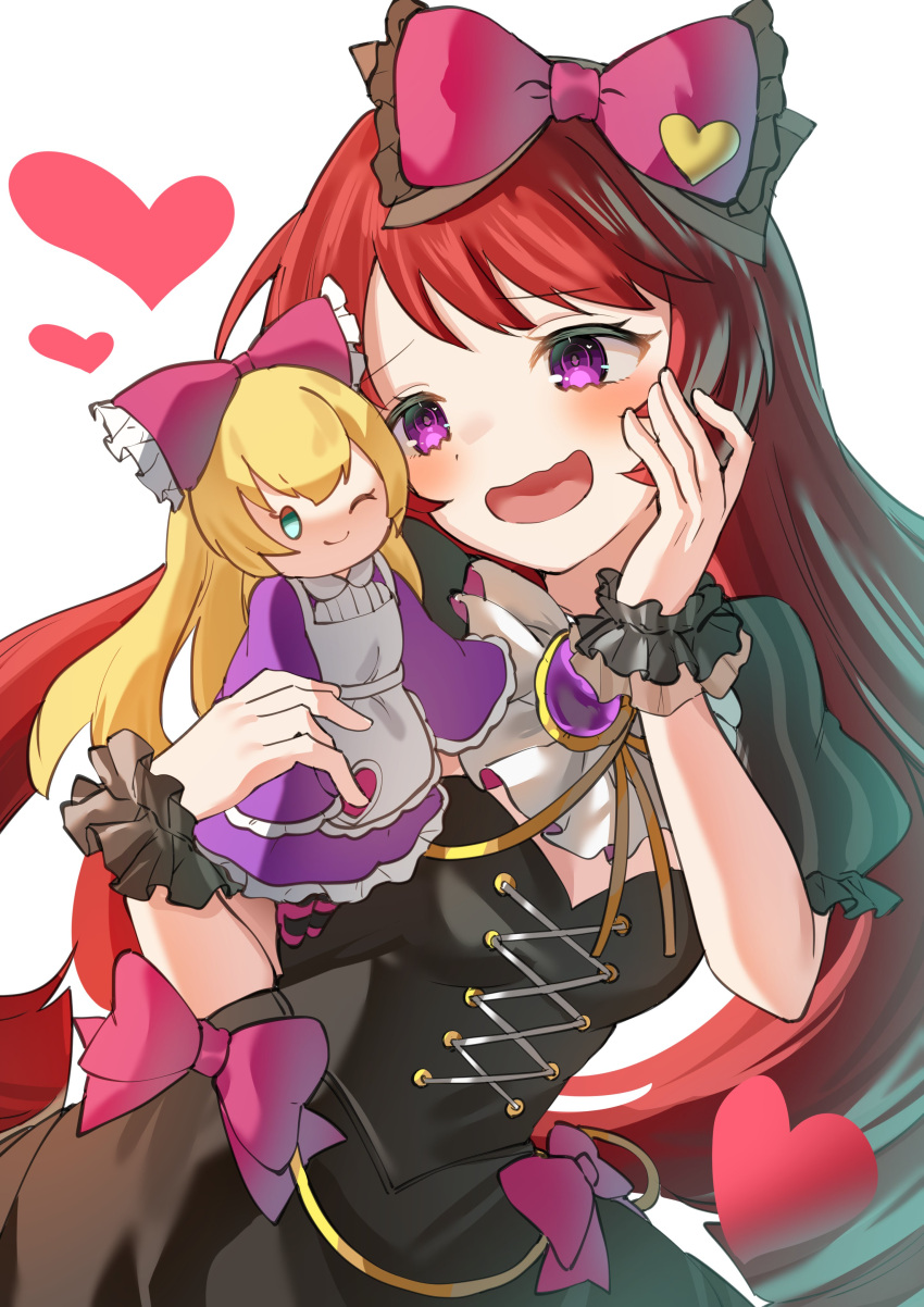 1girl, :d, absurdres, apron, aqua_eyes, blonde_hair, bodice, bow, collar, dirndl, doll, dress, excited, facing_viewer, frilled_collar, frilled_sleeves, frills, german_clothes, hair_bow, hand_to_own_mouth, heart, highres, lewis_carroll_(monster_strike), long_hair, mana_(monster_strike), monster_strike, no_nose, one_eye_closed, open_mouth, pink_bow, puffy_short_sleeves, puffy_sleeves, red_bow, redhead, se00_ki, short_sleeves, smile, upper_body, violet_eyes, white_background