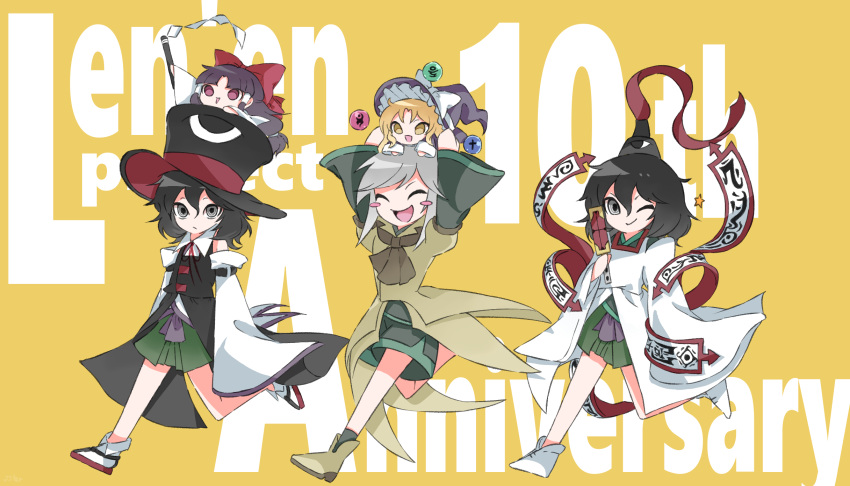 2girls, 3others, ^_^, anniversary, arm_belt, arms_up, ascot, bare_shoulders