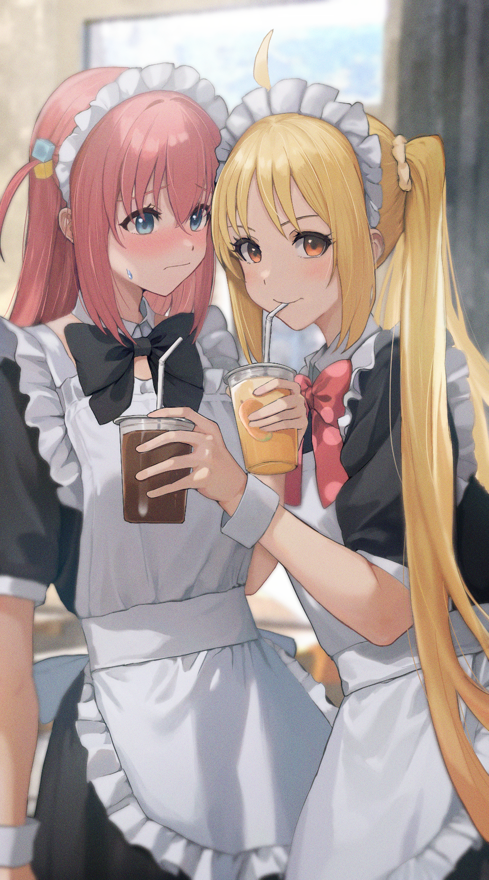 2girls, apron, black_bow, black_bowtie, black_dress, blonde_hair, blue_eyes, blush