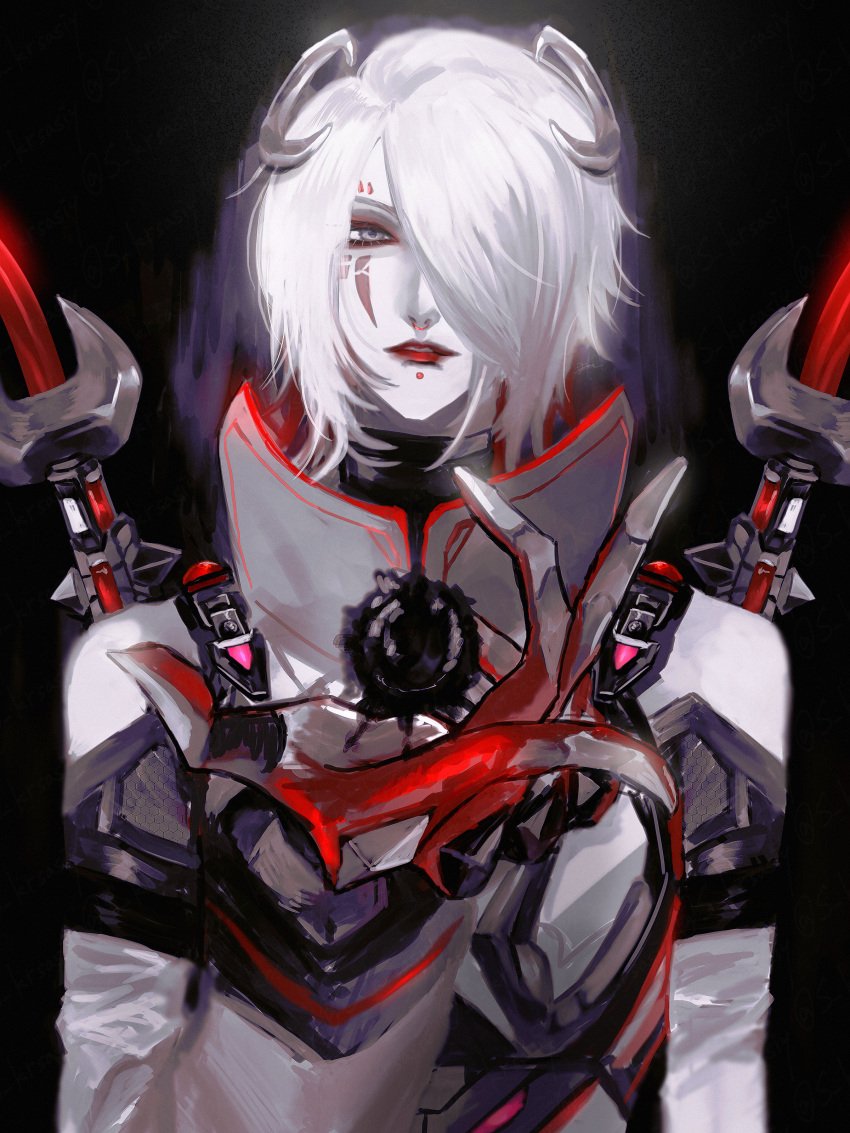 1girl, absurdres, apex_legends, black_background, blood_moon_catalyst, cable, catalyst_(apex_legends), chin_piercing