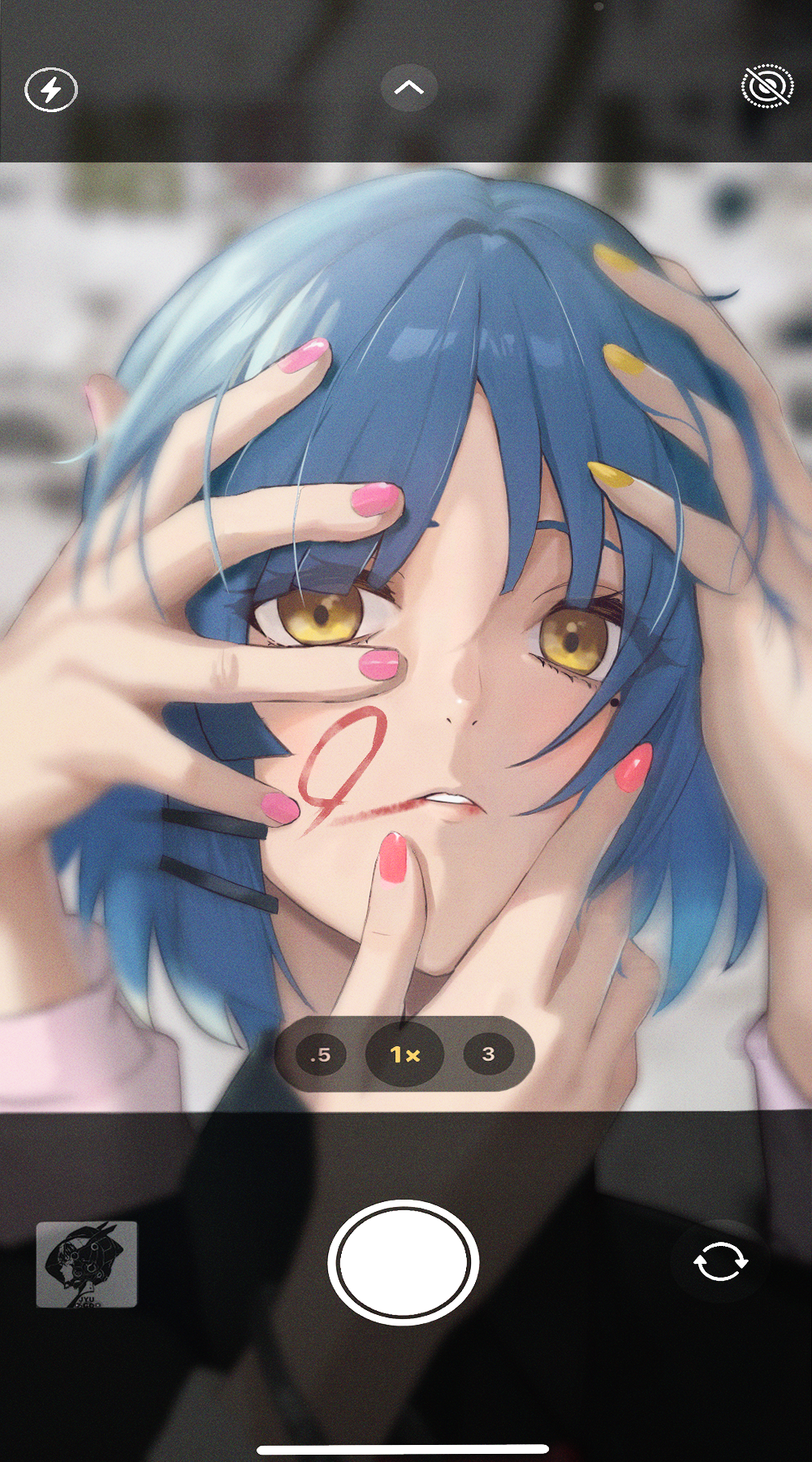 1girl, 3others, black_shirt, blue_hair, bocchi_the_rock!, collared_shirt, commentary_request, fake_phone_screenshot