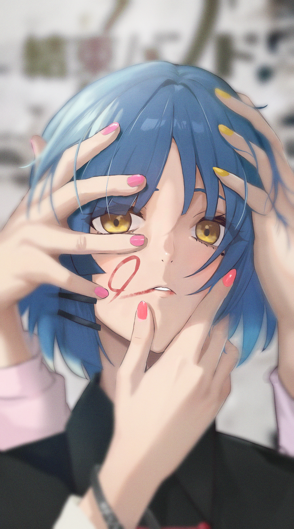 1girl, 3others, black_shirt, blue_hair, bocchi_the_rock!, collared_shirt, commentary_request, hair_ornament