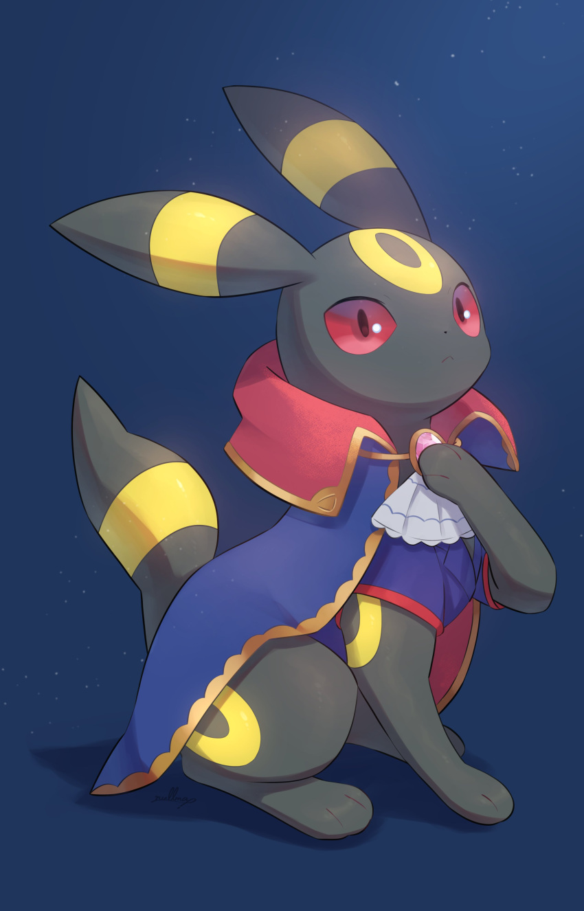 absurdres, ascot, black_background, blue_cape, brooch, cape, clothed_pokemon, collared_cape