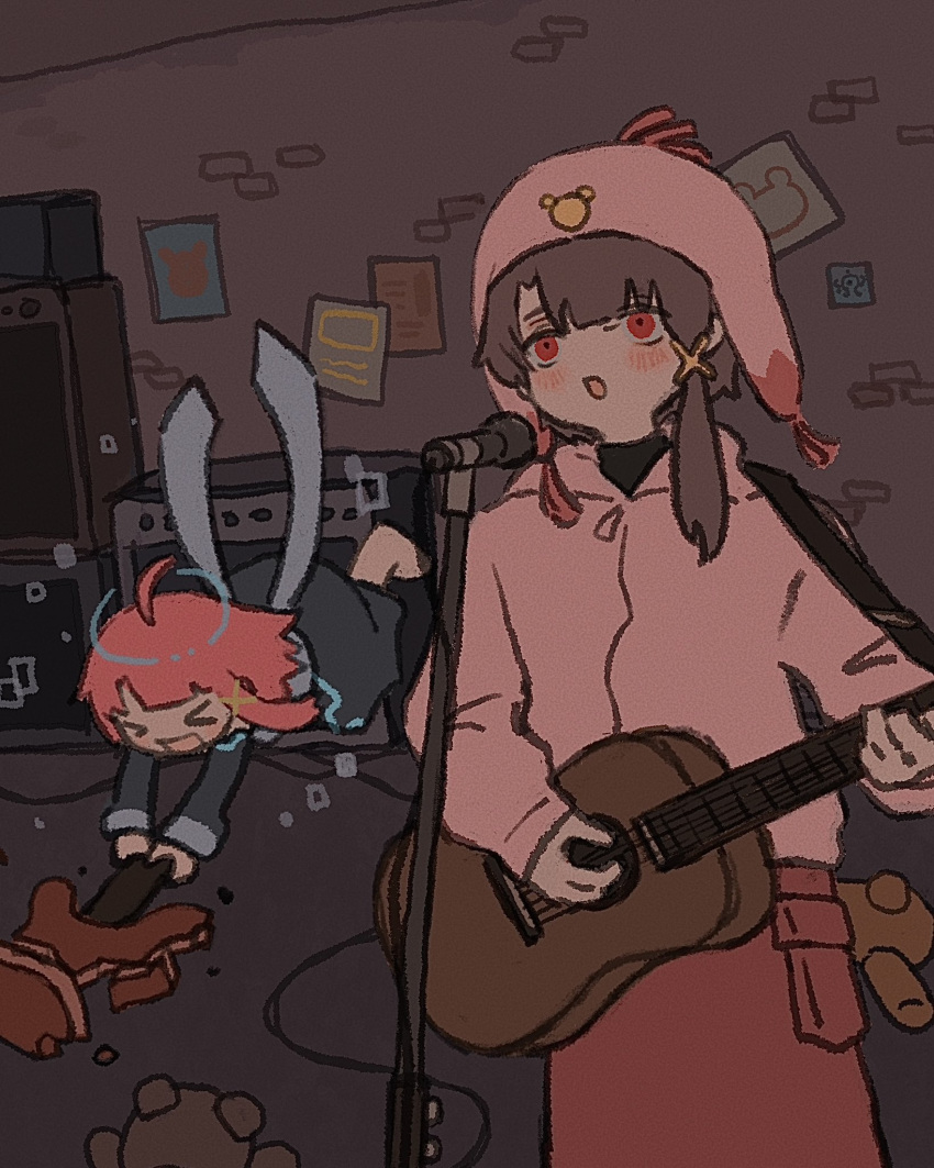 2girls, black_dress, blush, breaking, broken, broken_guitar, brown_hair, character_request