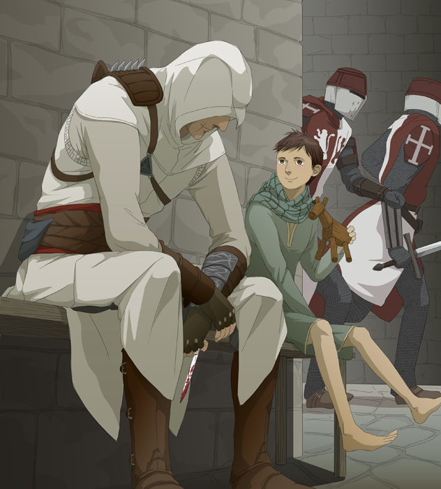 armor, assassin's_creed, assassin's_creed, barefoot, blade, blood, brown_eyes, brown_hair