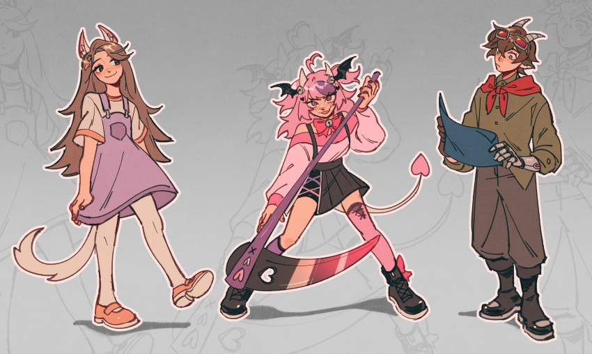 1boy, 2girls, absurdres, ahoge, animal_ears, asymmetrical_legwear, bandana, black_footwear