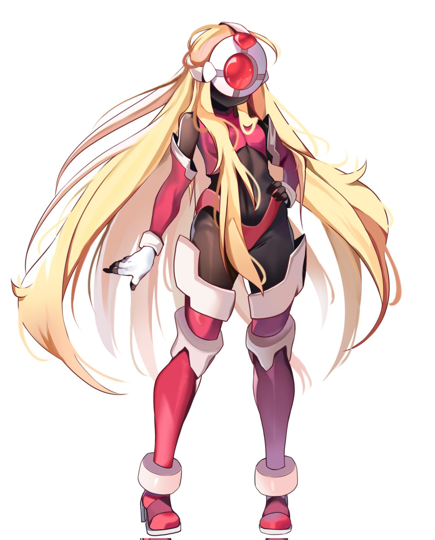 1girl, blonde_hair, bodystocking, boots, commission, commissioner_upload, forehead_jewel, gauntlets