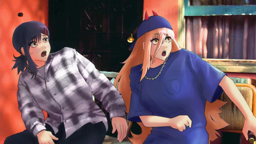 2girls, absurdres, baseball_cap, black_hair, blonde_hair, blue_headwear, blue_shirt, breast_pocket