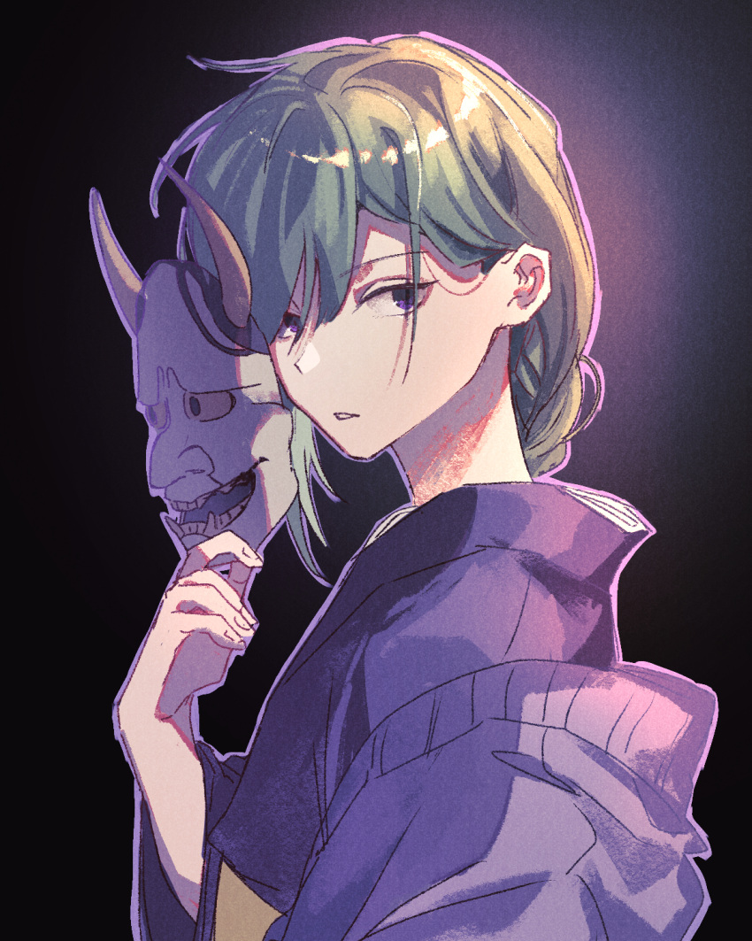 1girl, alternate_costume, alternate_hairstyle, black_background, braid, braided_ponytail, commentary_request, dark_background