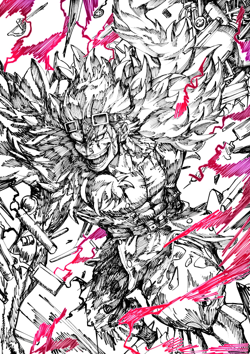 1boy, abs, absurdres, coat, commentary_request, eustass_kid, fur_coat, goggles