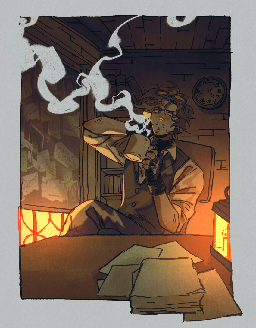 1boy, blue_eyes, brown_hair, brown_vest, bulletin_board, cellbit, clock, crossed_legs