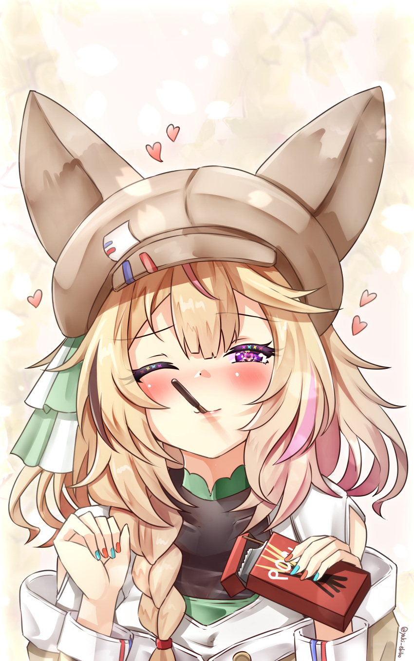 1girl, absurdres, blonde_hair, blouse, blue_nails, blush, braid, brown_headwear