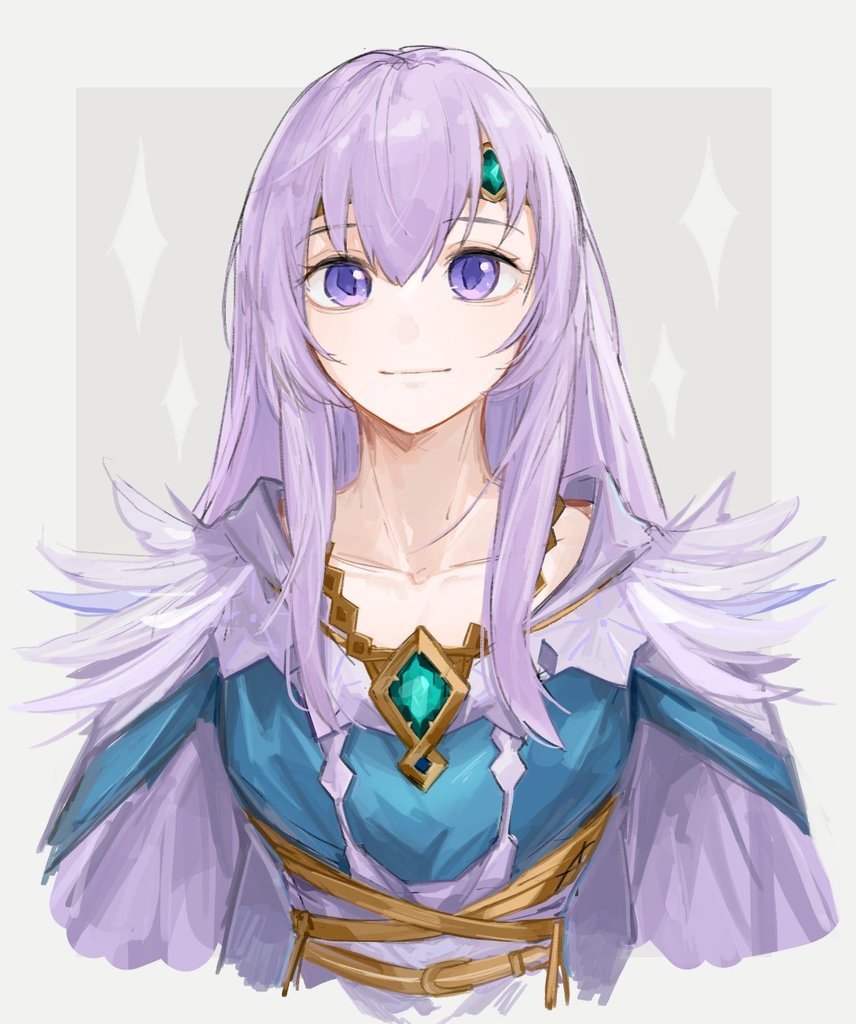 1girl, dress, fire_emblem, fire_emblem:_genealogy_of_the_holy_war, gem, hanaura_02, jewelry, julia_(fire_emblem), julia_(resplendent)_(fire_emblem), long_hair, looking_at_viewer, necklace, official_alternate_costume, purple_hair, solo, violet_eyes